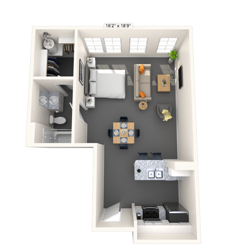 Floor plan for studio, 1 bath, 583 sqft